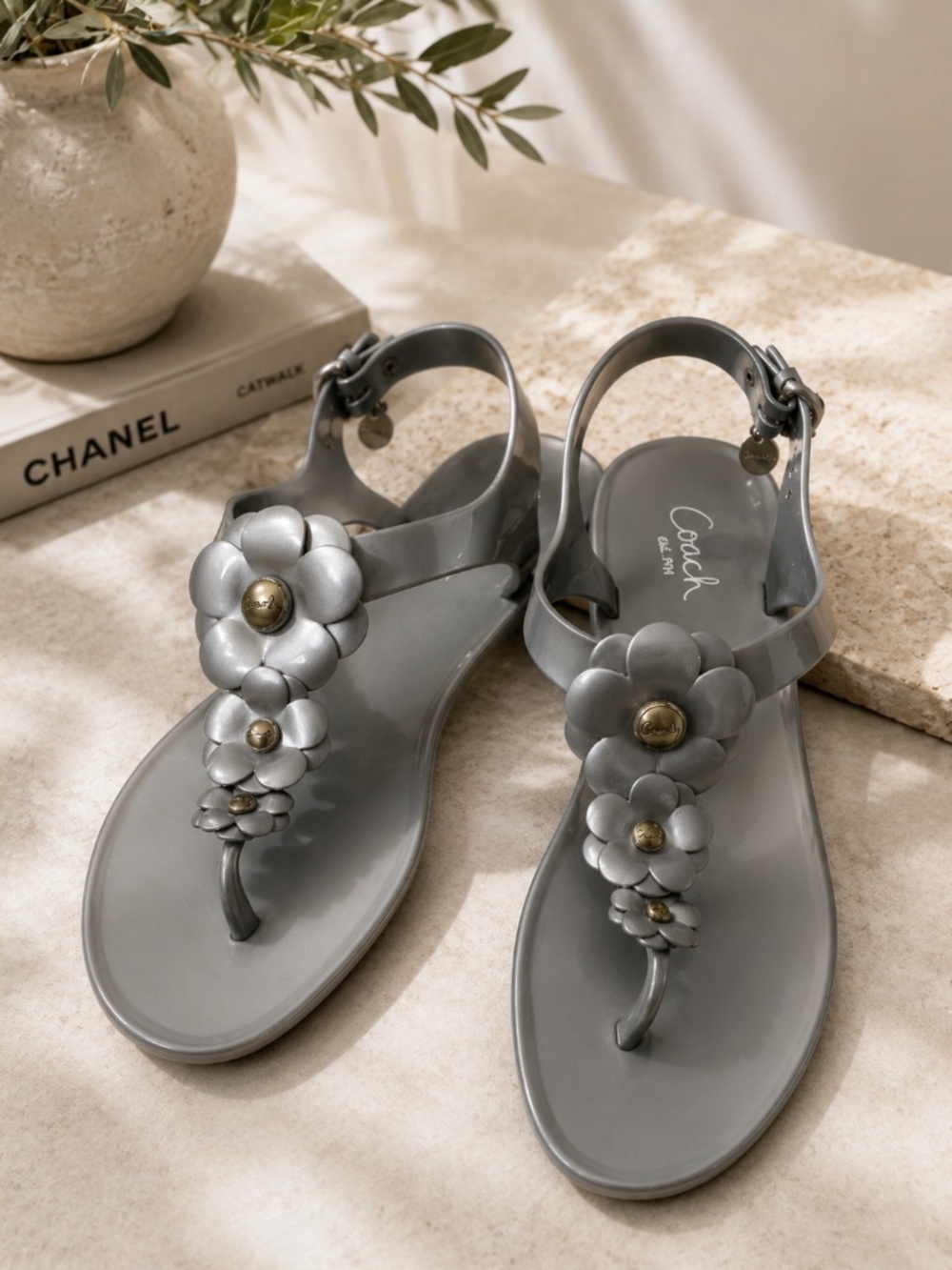 Coach Women's Silver Floral Jelly Sandals with Gold Accents size 10